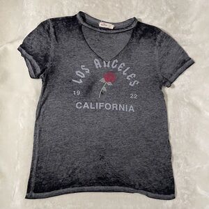Hollister L.A. Rose Graphic Tee Burnout V-Neck Choker Neck Cutout Gray Small